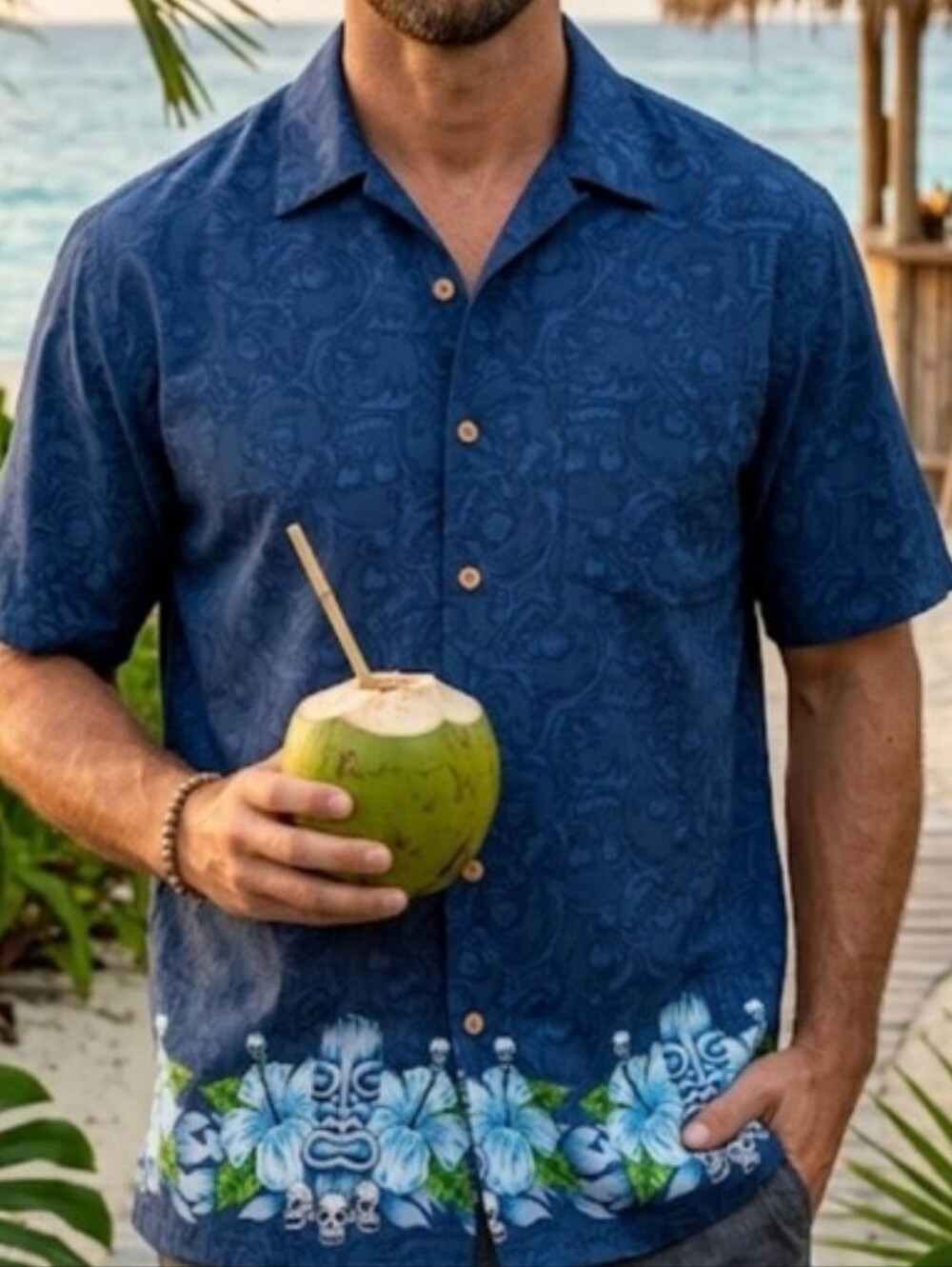 Men's Navy Short-Sleeve Button Down Shirt with Floral & Tiki Border